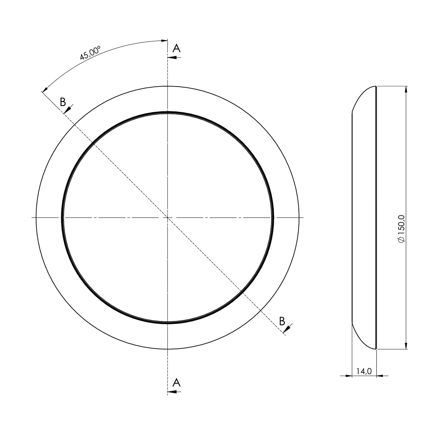 Maattekening LED-plafonnière rond Ø 150 mm