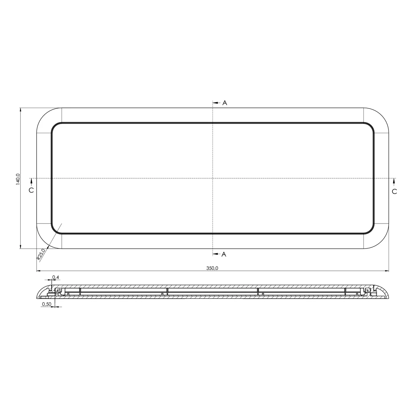 Maattekening LED-plafonnière rechthoekig 350 x 140 mm