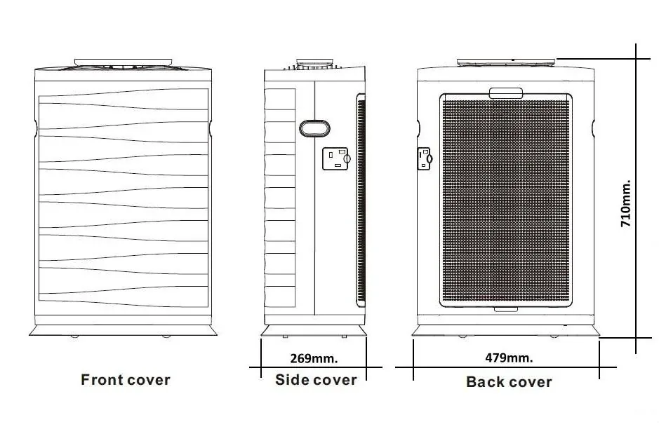 Maattekening HEPA-luchtreiniger groot (42 tot 74 m²)